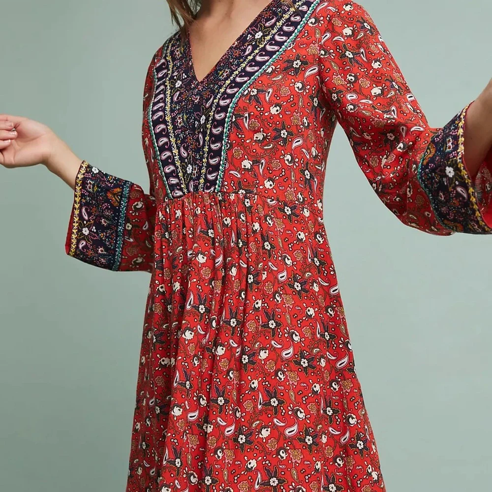 Anthropologie Bohemian Red Floral Dress - Picture 1 of 6